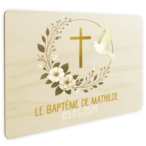 Plaque de porte en bois Baptême et Colombe