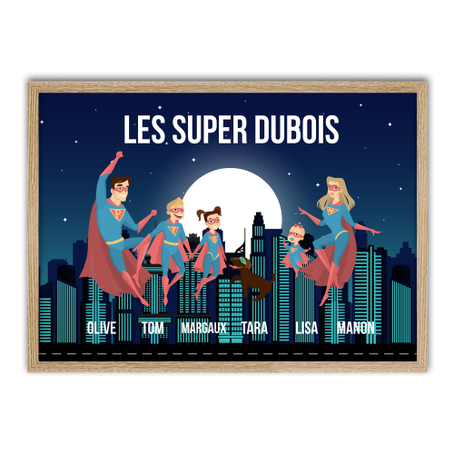 Affiche avec cadre famille de super héros bois