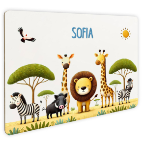 Plaque de porte en bois avec prénom - Animaux de la Savane