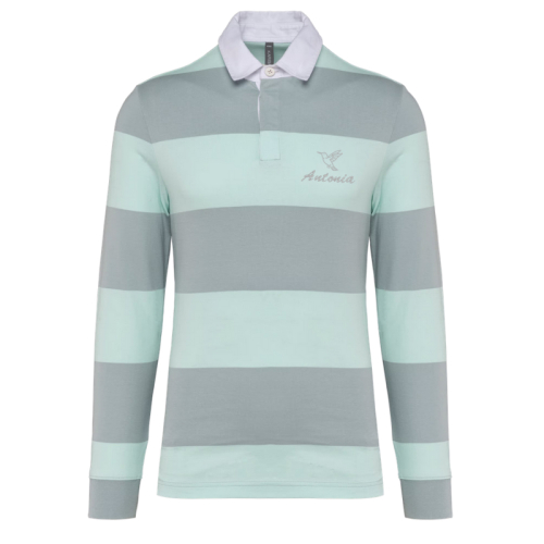 Polo de rugby rayé menthe et gris brodé avec un prénom