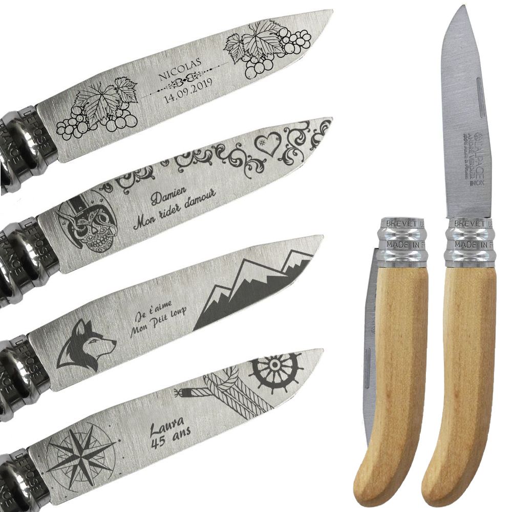 Couteau de poche naturel personnalisé avec motifs et texte